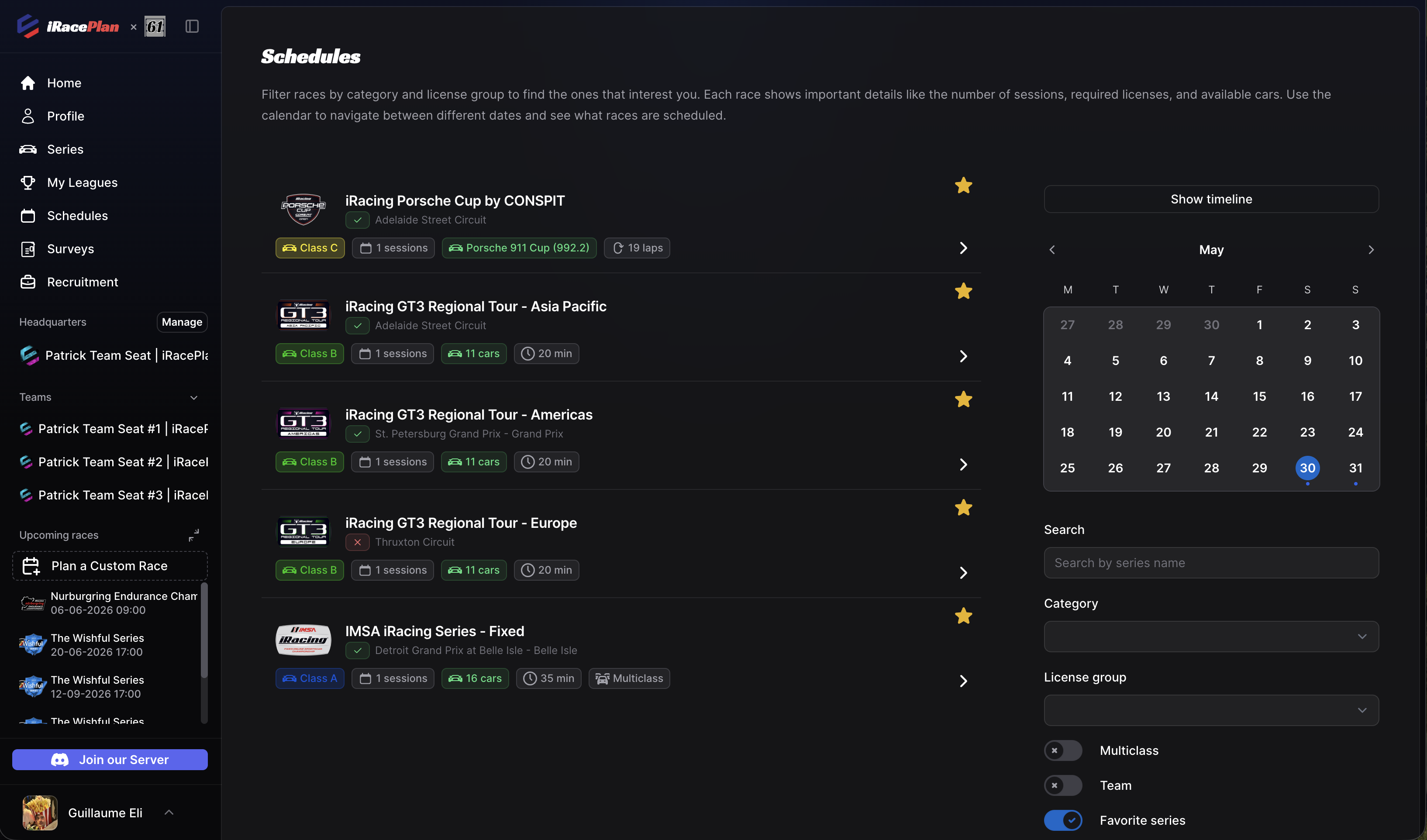 iRacePlan schedule interface